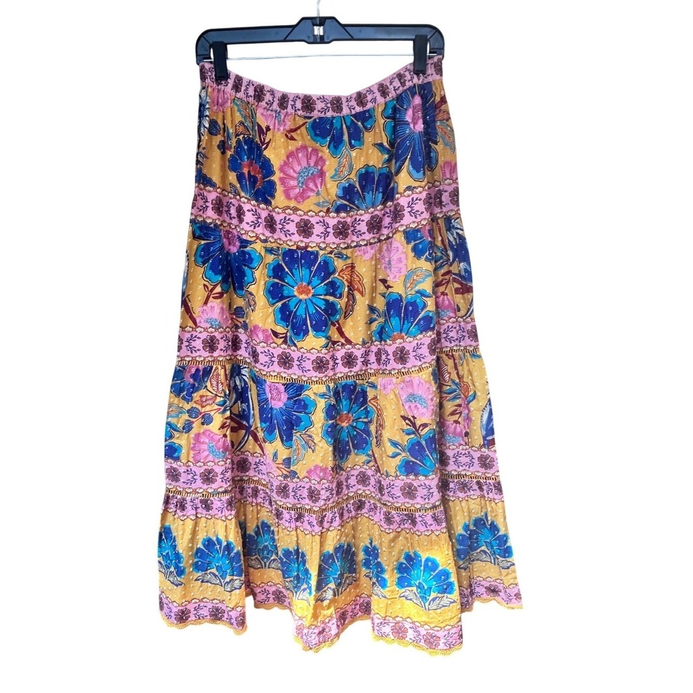 Farm Rio Yellow Floral Tiered Maxi Skirt Clip Dot Boho Crochet Trim Womens M - Picture 4 of 10